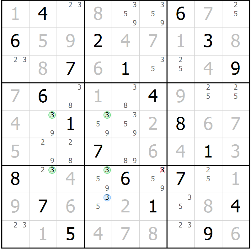 Position des candidats pour la solution de la Gr 61 page 64 du magazine de sudoku Virtuose n° 110
