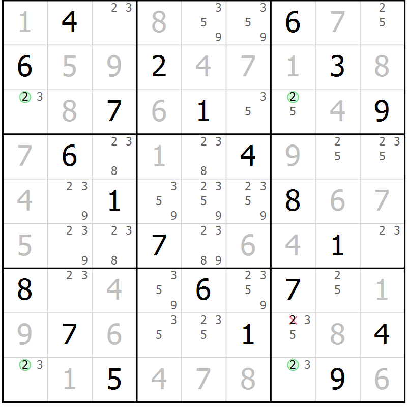 Position des candidats pour la solution de la Gr 61 page 64 du magazine de sudoku Virtuose n° 110