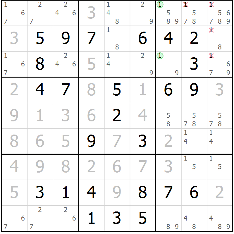 Position des candidats pour la solution de la Gr 62 page 65 du magazine de sudoku Virtuose n° 110