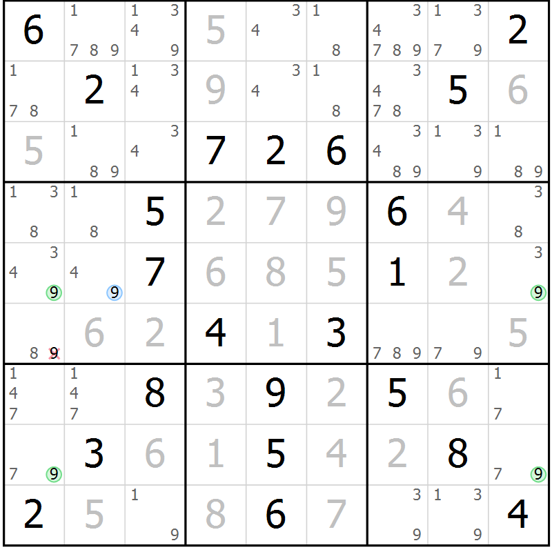 Position des candidats pour la solution de la Gr 64 page 67 du magazine de sudoku Virtuose n° 110
