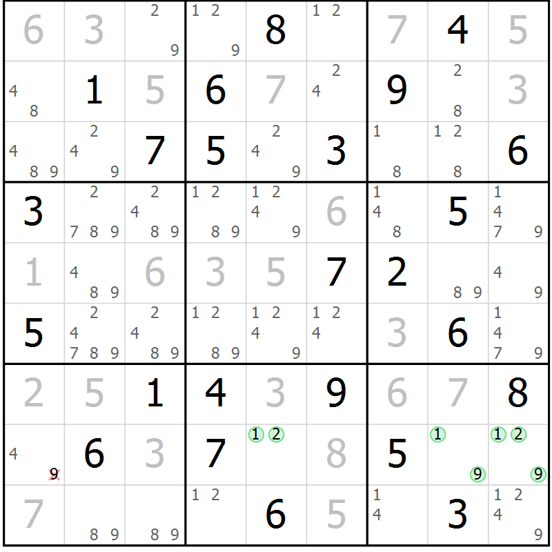Position des candidats pour la solution de la Gr 67 page 70 du magazine de sudoku Virtuose n° 110