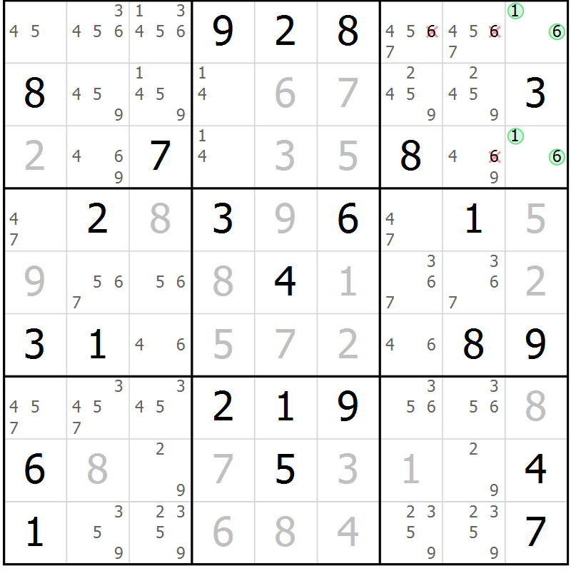 Position des candidats pour la solution de la Gr 68 page 71 du magazine de sudoku Virtuose n° 110