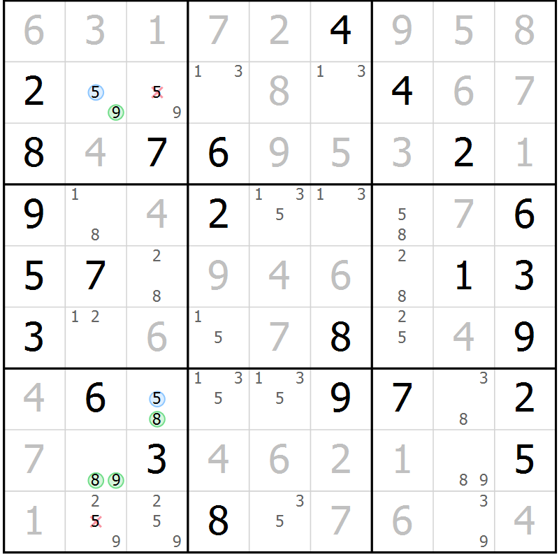 Position des candidats pour la solution de la Gr 69 page 72 du magazine de sudoku Virtuose n° 110