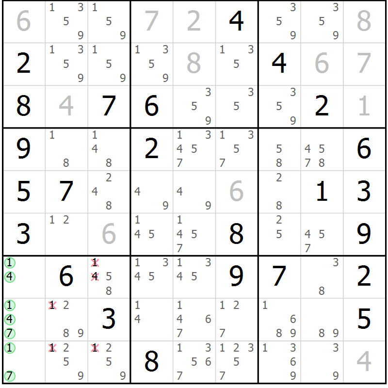 Position des candidats pour la solution de la Gr 69 page 72 du magazine de sudoku Virtuose n° 110