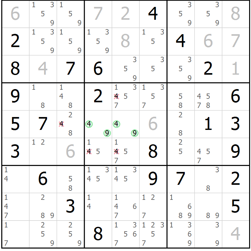 Position des candidats pour la solution de la Gr 69 page 72 du magazine de sudoku Virtuose n° 110