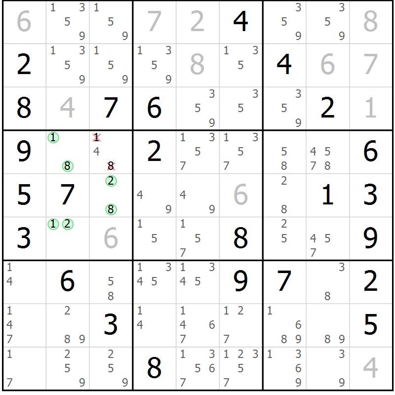 Position des candidats pour la solution de la Gr 69 page 72 du magazine de sudoku Virtuose n° 110