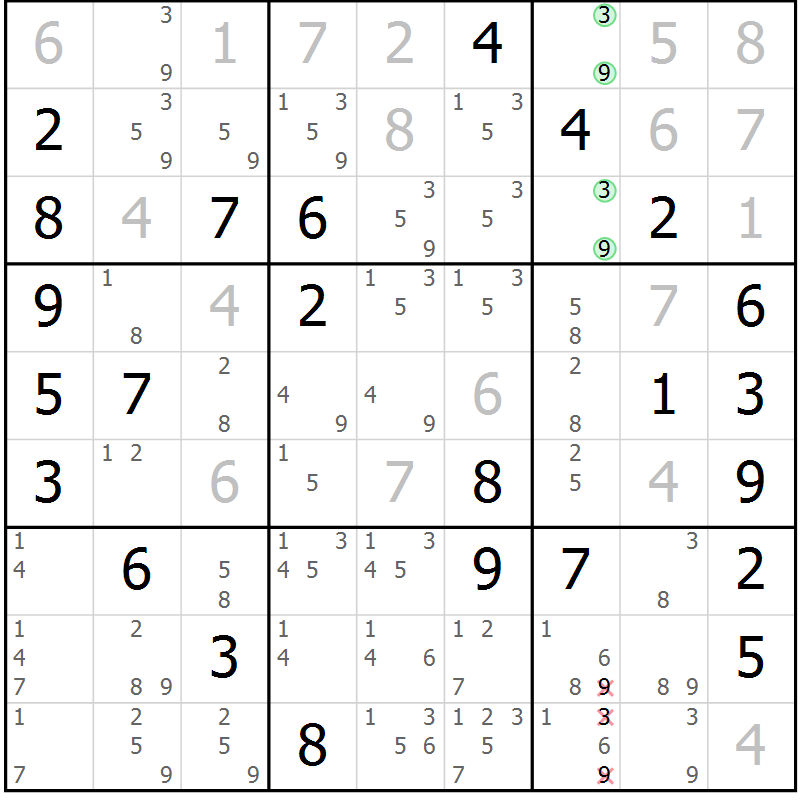 Position des candidats pour la solution de la Gr 69 page 72 du magazine de sudoku Virtuose n° 110