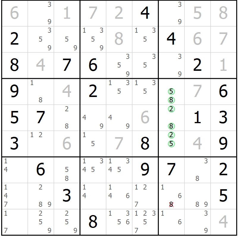Position des candidats pour la solution de la Gr 69 page 72 du magazine de sudoku Virtuose n° 110