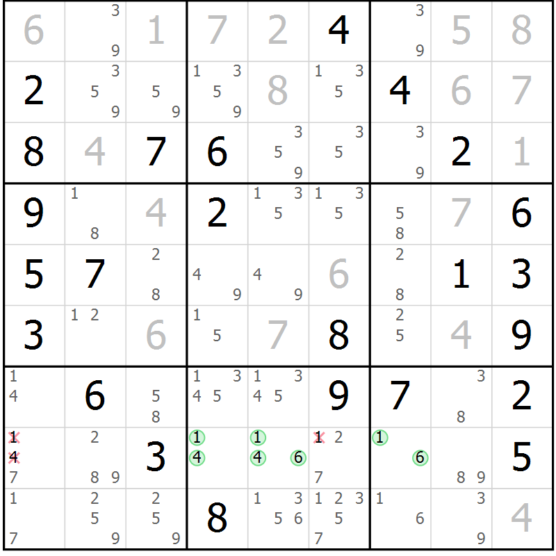 Position des candidats pour la solution de la Gr 69 page 72 du magazine de sudoku Virtuose n° 110
