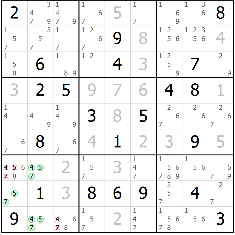 Position des candidats pour la solution de la Gr 7 page 10 du magazine de sudoku Virtuose n° 110