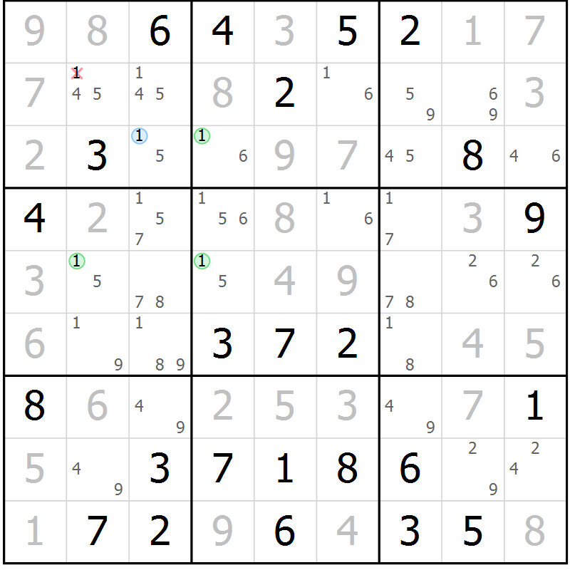 Position des candidats pour la solution de la Gr 71 page 74 du magazine de sudoku Virtuose n° 110