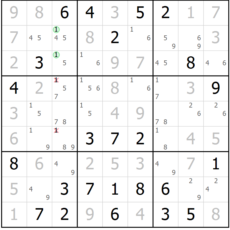 Position des candidats pour la solution de la Gr 71 page 74 du magazine de sudoku Virtuose n° 110