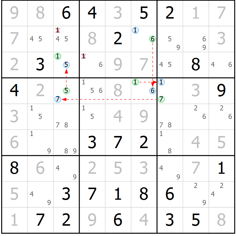 Position des candidats pour la solution de la Gr 71 page 74 du magazine de sudoku Virtuose n° 110