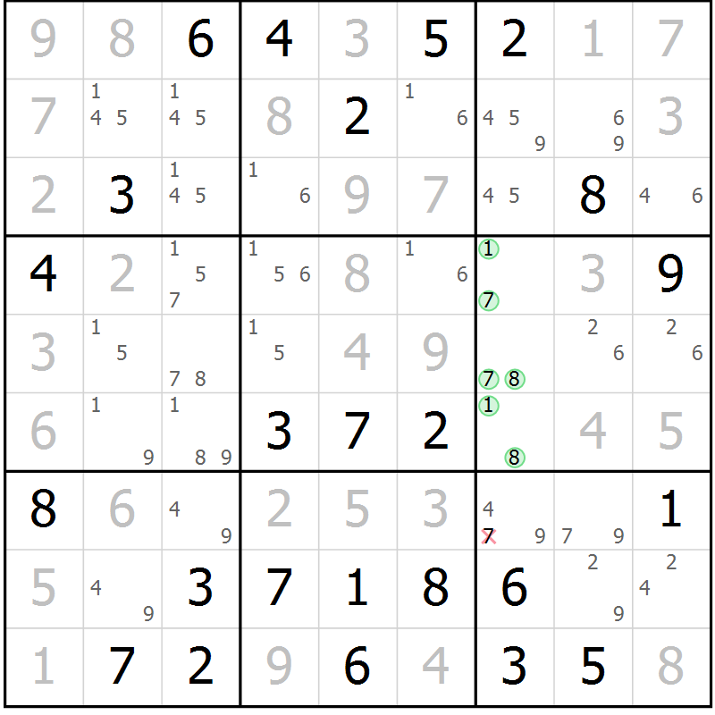 Position des candidats pour la solution de la Gr 71 page 74 du magazine de sudoku Virtuose n° 110
