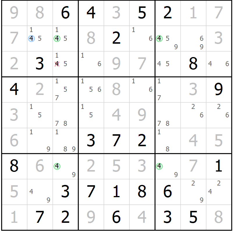 Position des candidats pour la solution de la Gr 71 page 74 du magazine de sudoku Virtuose n° 110