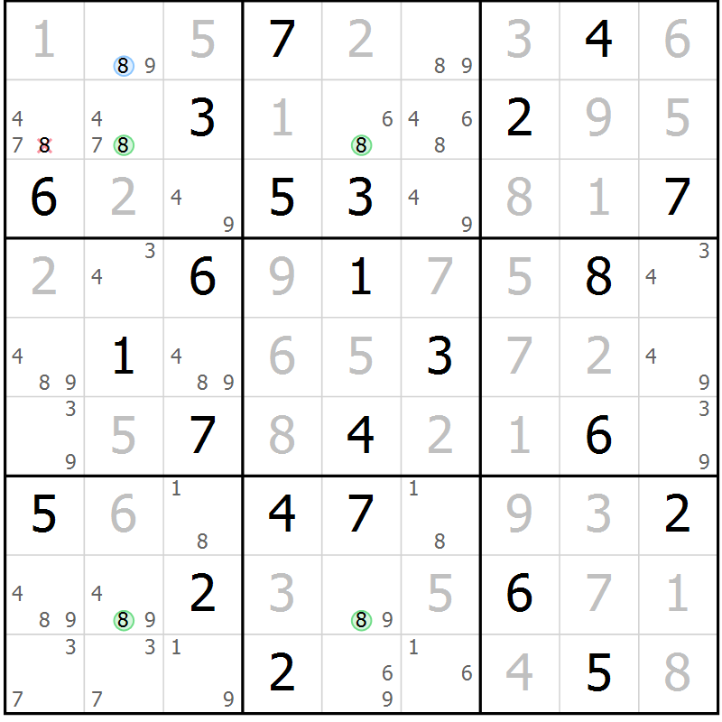Position des candidats pour la solution de la Gr 72 page 75 du magazine de sudoku Virtuose n° 110