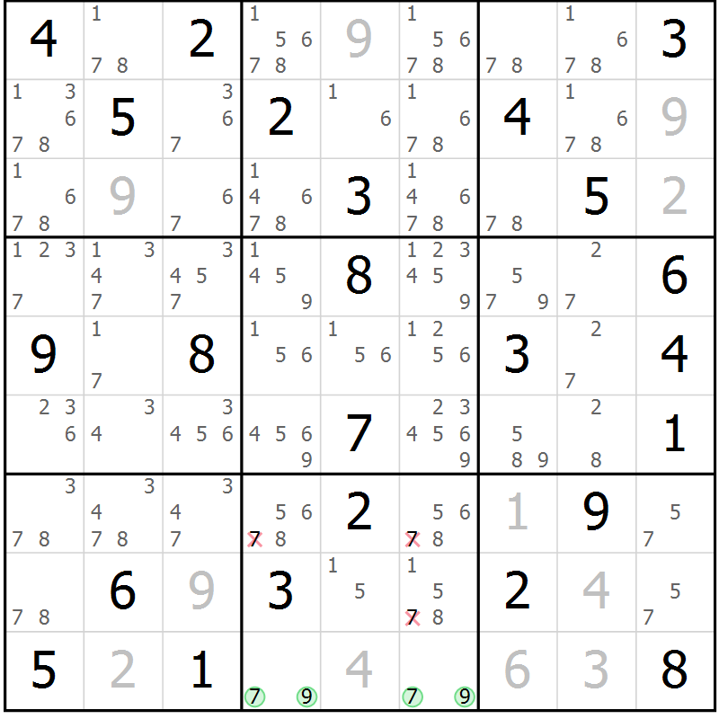 Position des candidats pour la solution de la Gr 74 page 77 du magazine de sudoku Virtuose n° 110