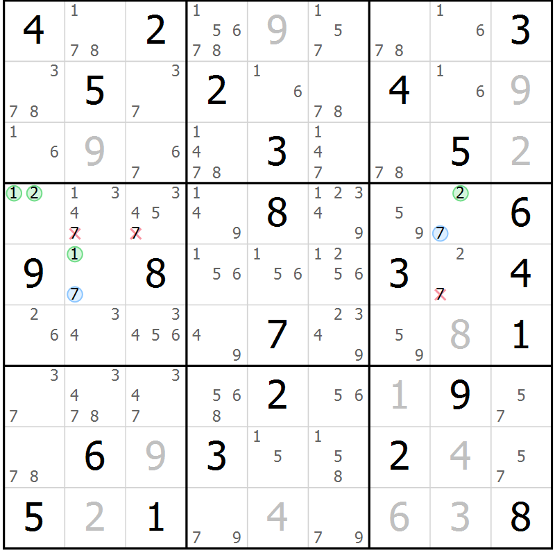 Position des candidats pour la solution de la Gr 74 page 77 du magazine de sudoku Virtuose n° 110