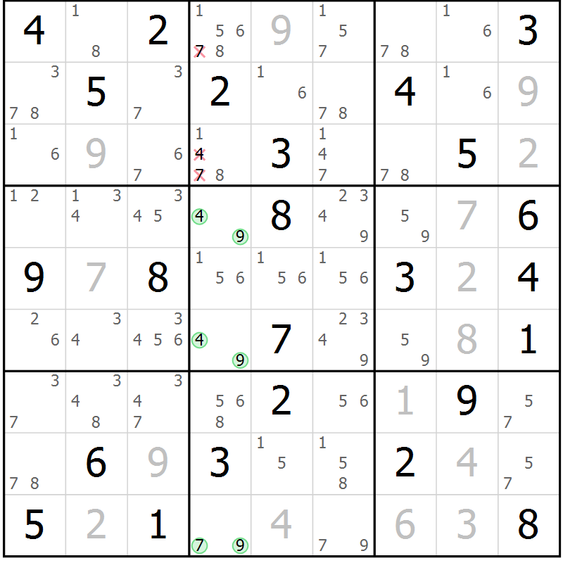 Position des candidats pour la solution de la Gr 74 page 77 du magazine de sudoku Virtuose n° 110