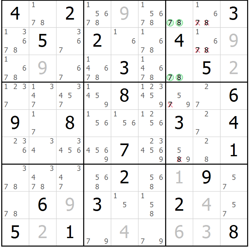 Position des candidats pour la solution de la Gr 74 page 77 du magazine de sudoku Virtuose n° 110