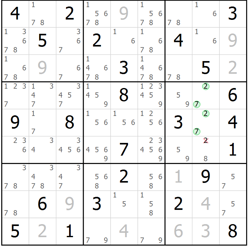 Position des candidats pour la solution de la Gr 74 page 77 du magazine de sudoku Virtuose n° 110