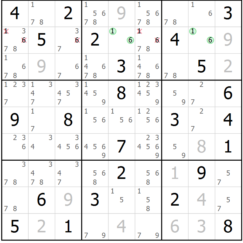 Position des candidats pour la solution de la Gr 74 page 77 du magazine de sudoku Virtuose n° 110