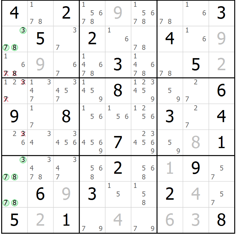 Position des candidats pour la solution de la Gr 74 page 77 du magazine de sudoku Virtuose n° 110