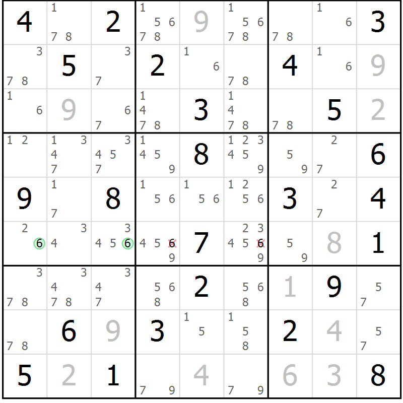 Position des candidats pour la solution de la Gr 74 page 77 du magazine de sudoku Virtuose n° 110
