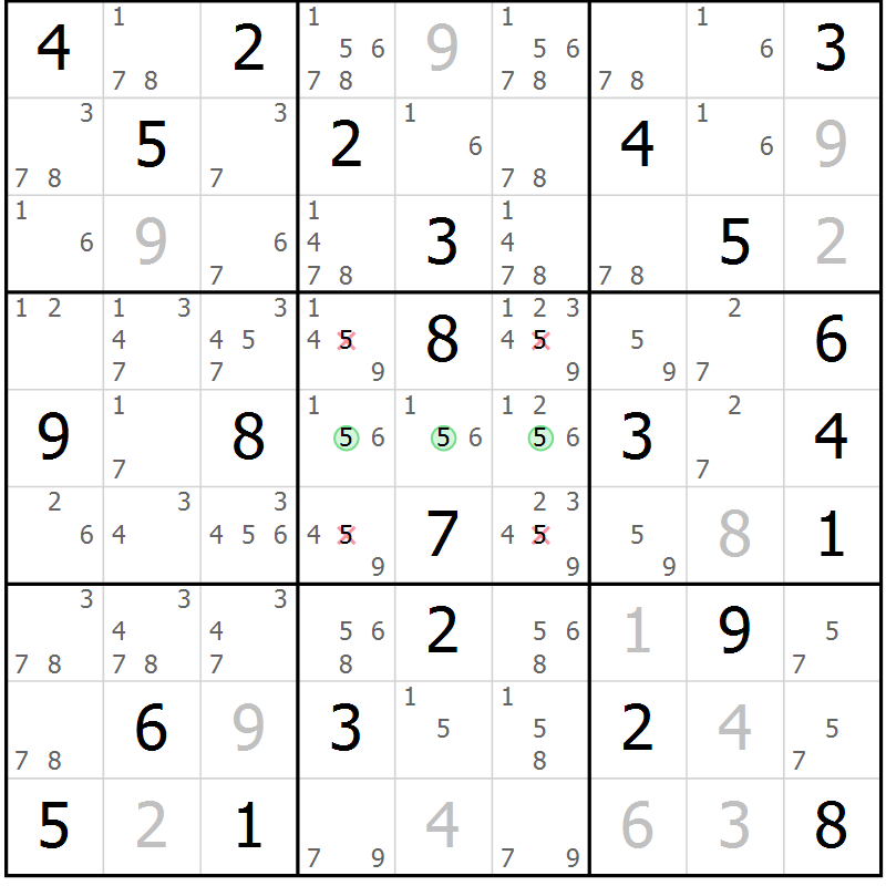 Position des candidats pour la solution de la Gr 74 page 77 du magazine de sudoku Virtuose n° 110