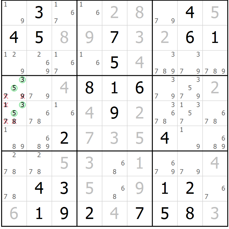 Position des candidats pour la solution de la Gr 75 page 78 du magazine de sudoku Virtuose n° 110
