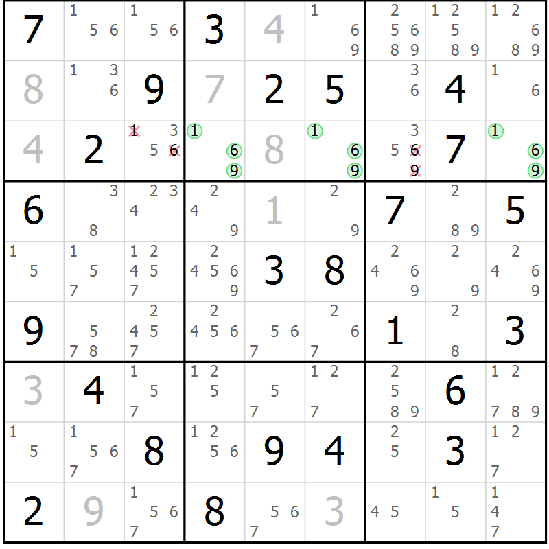 Position des candidats pour la solution de la Gr 77 page 80 du magazine de sudoku Virtuose n° 110