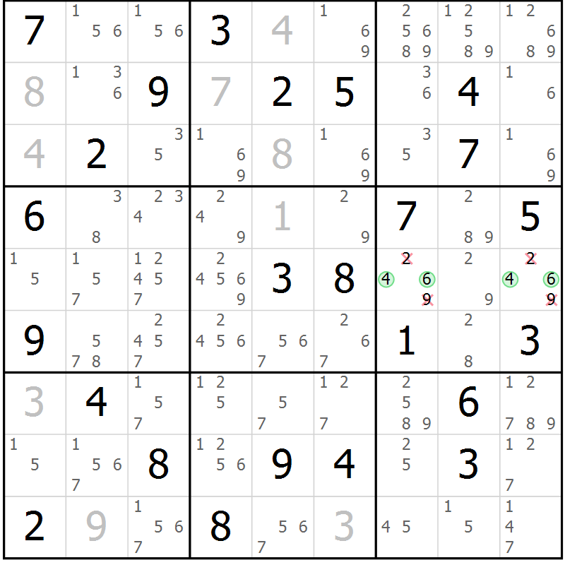 Position des candidats pour la solution de la Gr 77 page 80 du magazine de sudoku Virtuose n° 110