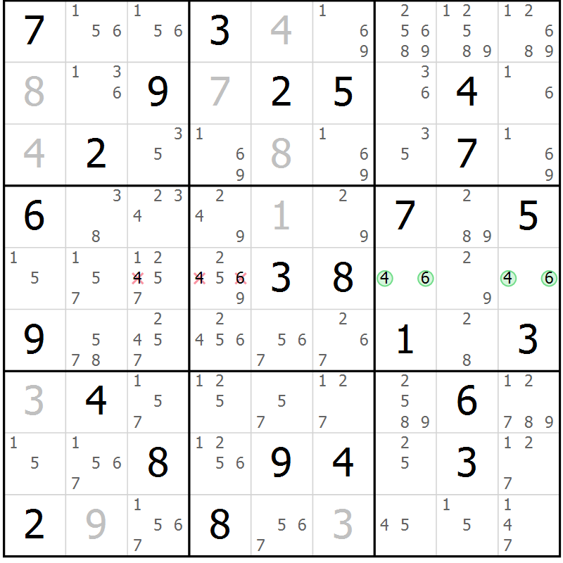 Position des candidats pour la solution de la Gr 77 page 80 du magazine de sudoku Virtuose n° 110