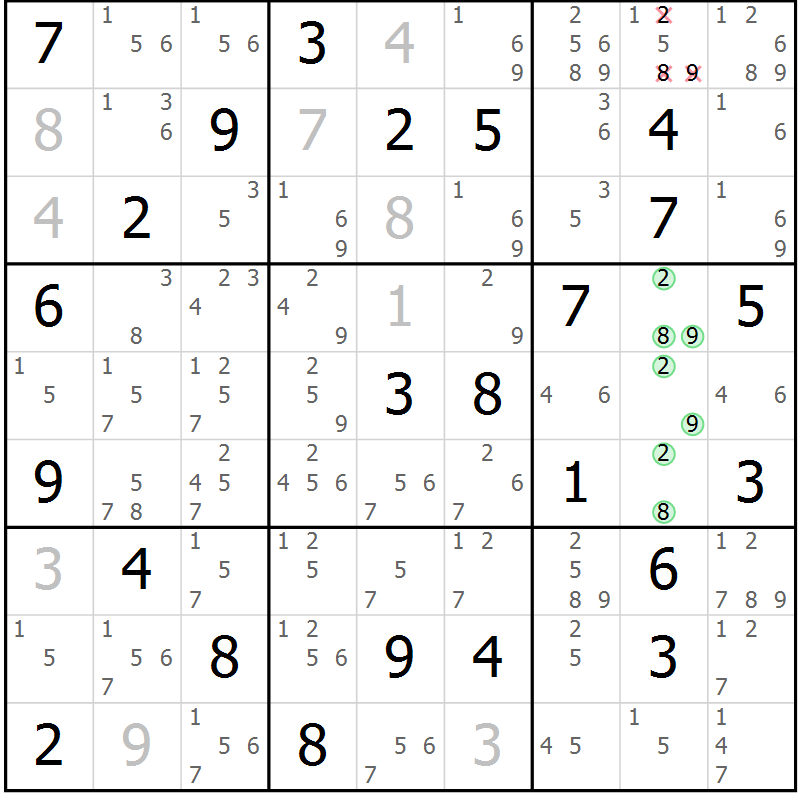Position des candidats pour la solution de la Gr 77 page 80 du magazine de sudoku Virtuose n° 110