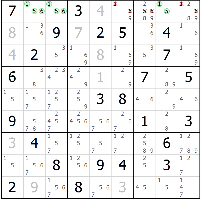 Position des candidats pour la solution de la Gr 77 page 80 du magazine de sudoku Virtuose n° 110