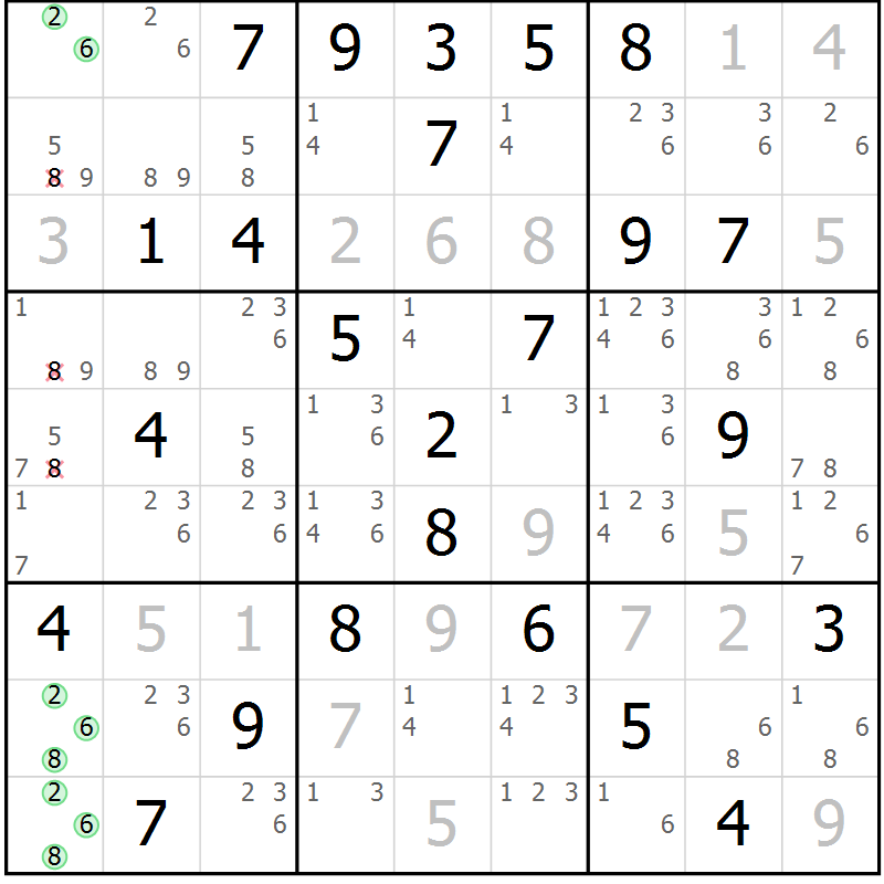 Position des candidats pour la solution de la Gr 79 page 82 du magazine de sudoku Virtuose n° 110