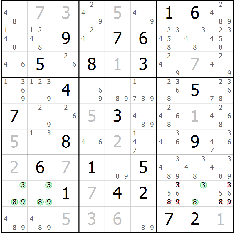 Position des candidats pour la solution de la Gr 8 page 11 du magazine de sudoku Virtuose n° 110