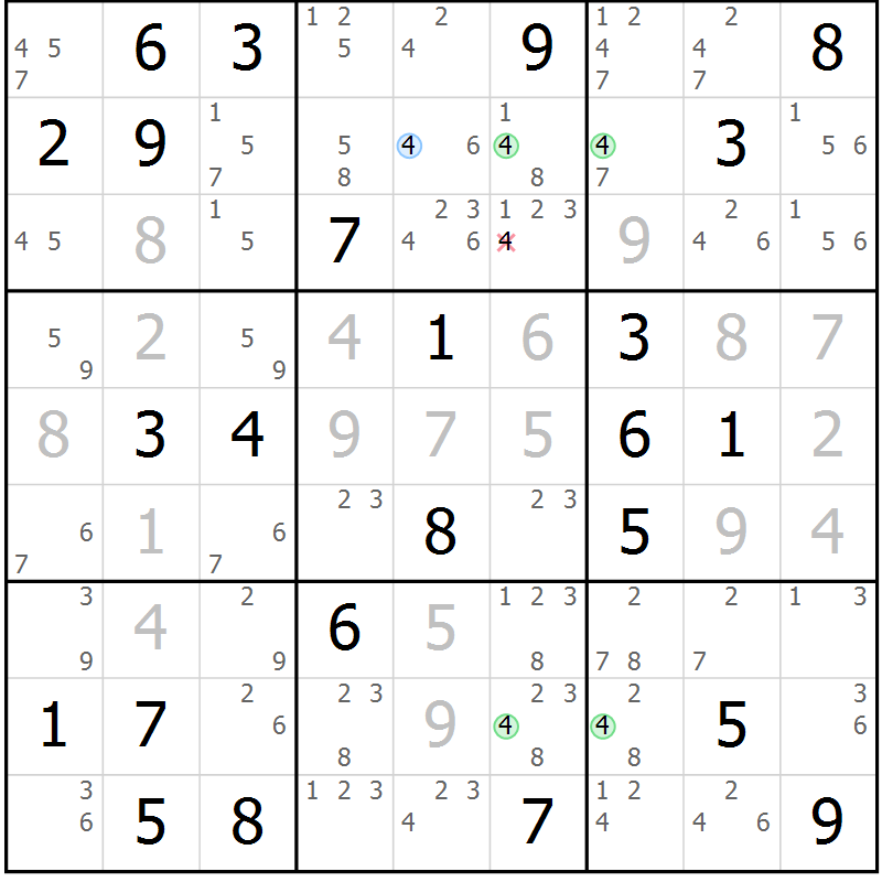Position des candidats pour la solution de la Gr 81 page 84 du magazine de sudoku Virtuose n° 110