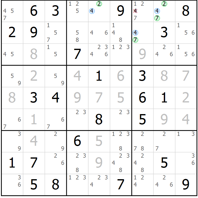 Position des candidats pour la solution de la Gr 81 page 84 du magazine de sudoku Virtuose n° 110