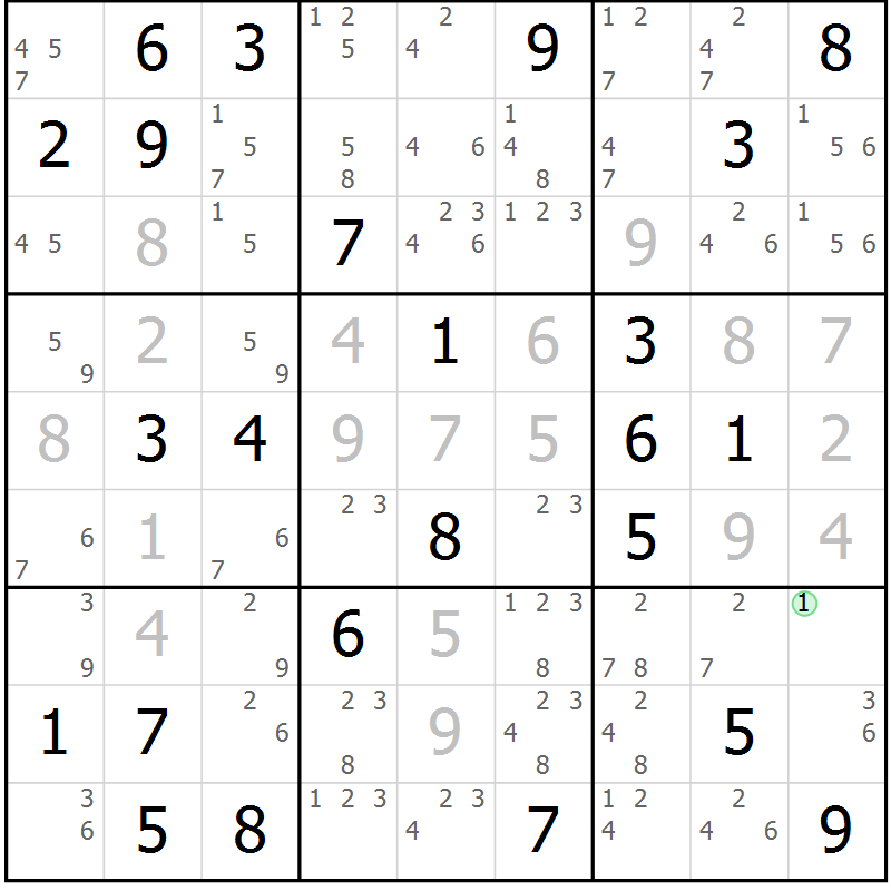 Position des candidats pour la solution de la Gr 81 page 84 du magazine de sudoku Virtuose n° 110