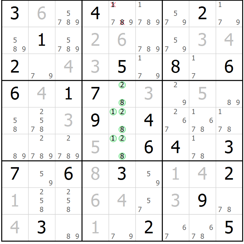 Position des candidats pour la solution de la Gr 82 page 85 du magazine de sudoku Virtuose n° 110