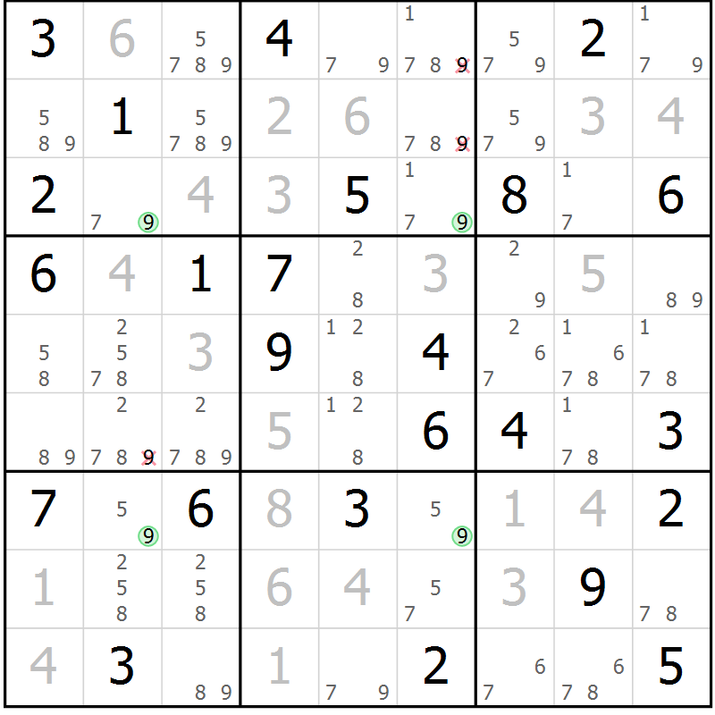 Position des candidats pour la solution de la Gr 82 page 85 du magazine de sudoku Virtuose n° 110