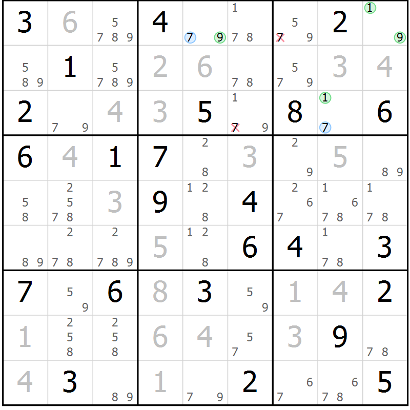Position des candidats pour la solution de la Gr 82 page 85 du magazine de sudoku Virtuose n° 110
