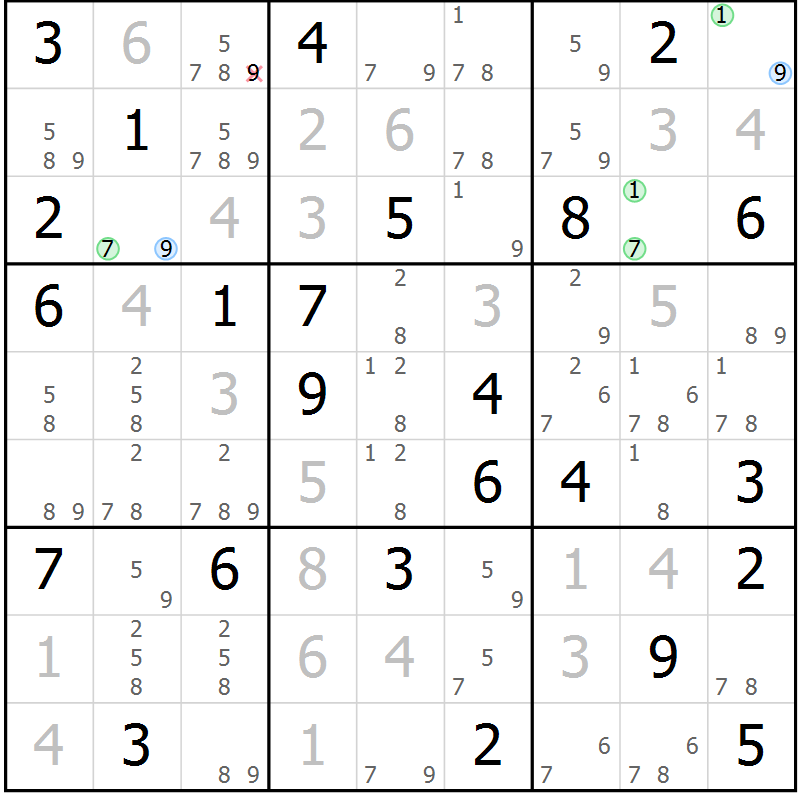 Position des candidats pour la solution de la Gr 82 page 85 du magazine de sudoku Virtuose n° 110