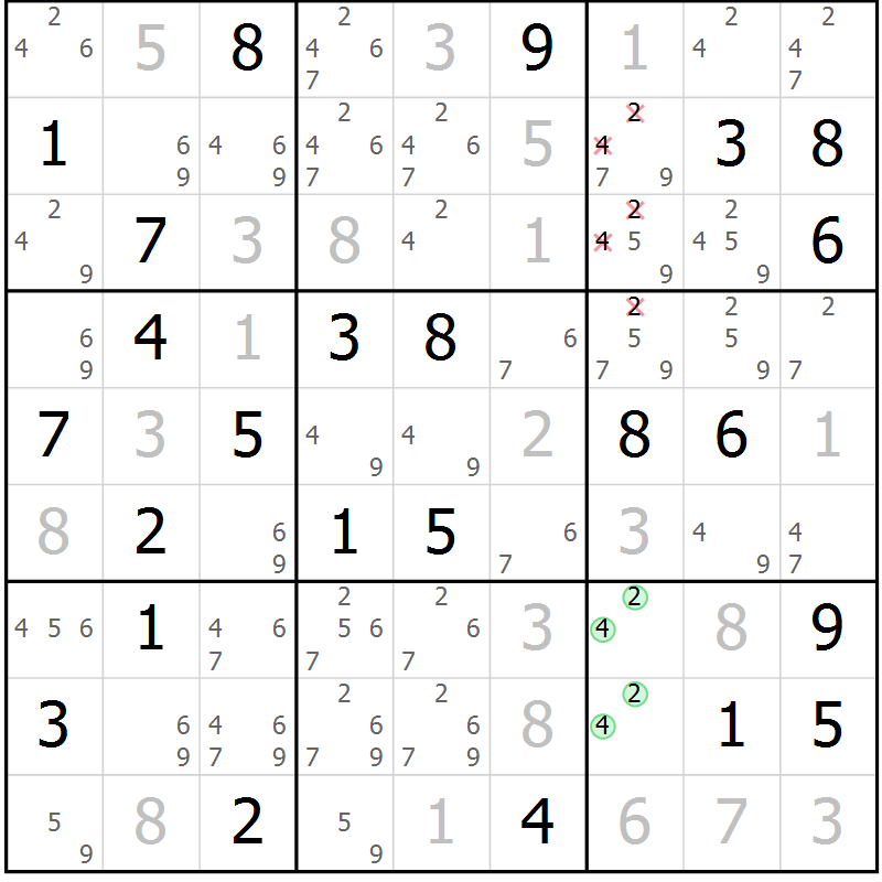 Position des candidats pour la solution de la Gr 83 page 86 du magazine de sudoku Virtuose n° 110