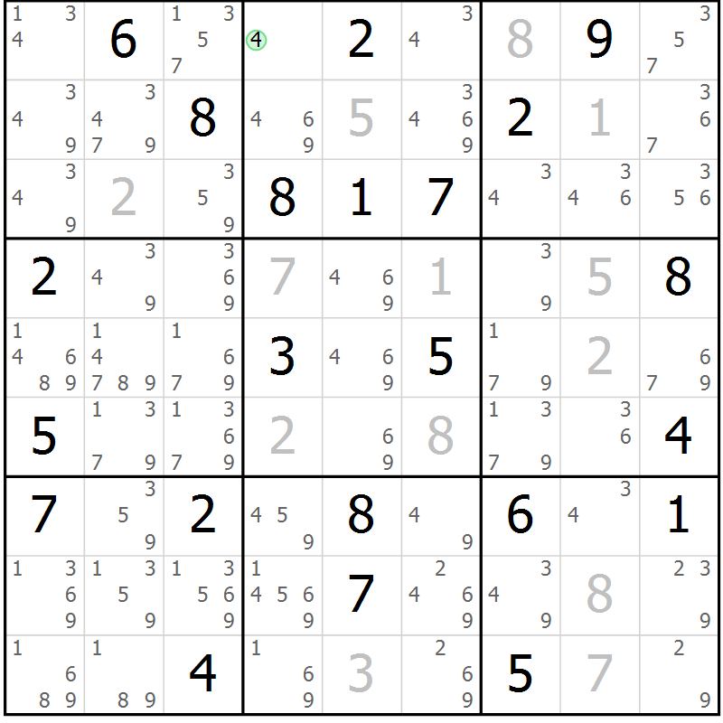 Position des candidats pour la solution de la Gr 84 page 87 du magazine de sudoku Virtuose n° 110