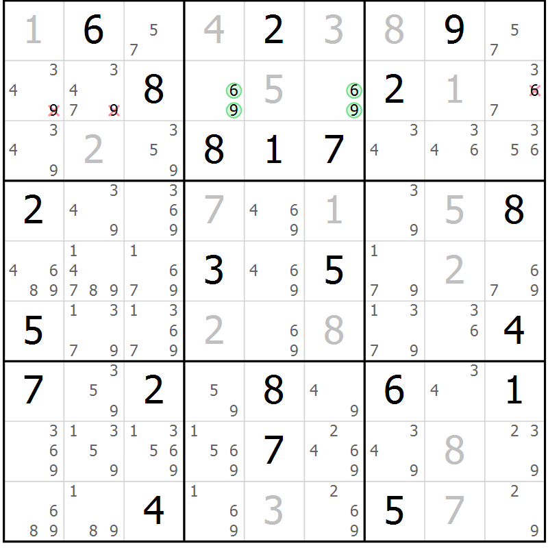 Position des candidats pour la solution de la Gr 84 page 87 du magazine de sudoku Virtuose n° 110