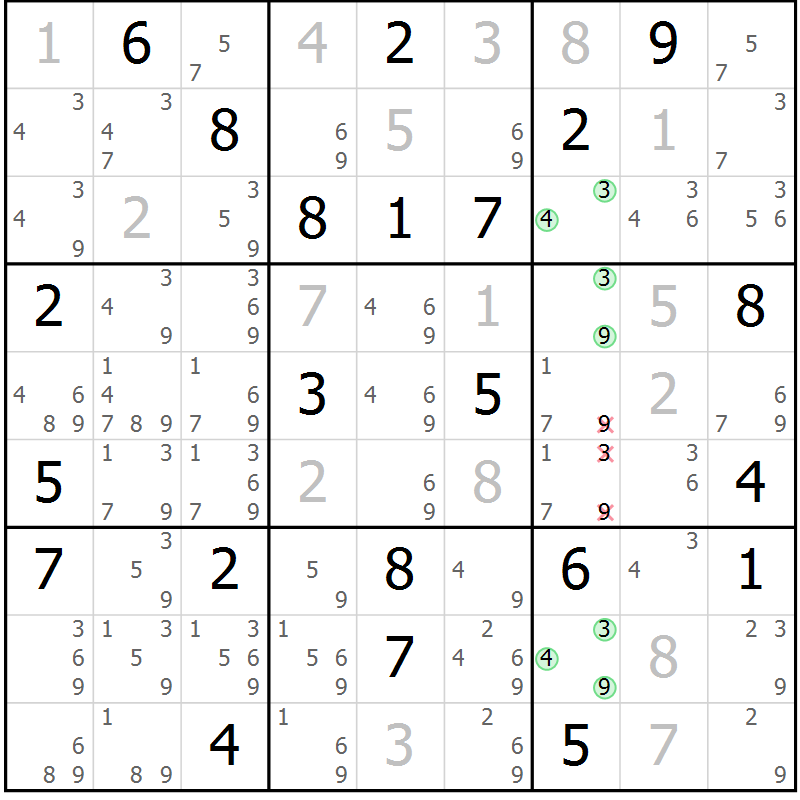 Position des candidats pour la solution de la Gr 84 page 87 du magazine de sudoku Virtuose n° 110