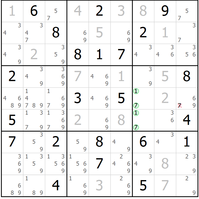 Position des candidats pour la solution de la Gr 84 page 87 du magazine de sudoku Virtuose n° 110