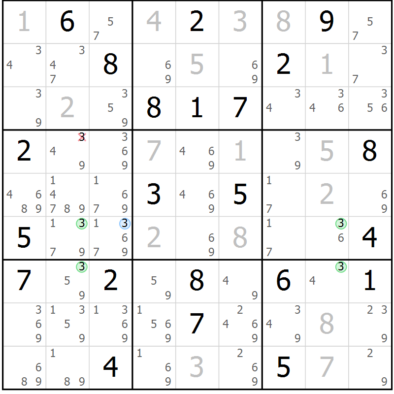 Position des candidats pour la solution de la Gr 84 page 87 du magazine de sudoku Virtuose n° 110